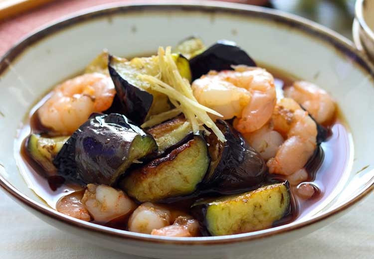 「揚げなすのえび煮」幼稚園・保育園の人気の給食レシピ(富喜屋オリジナル食育レシピ)